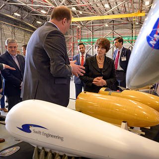 Ames Earth Sciences Division Chief Florian Schwandner (left) talks to Congresswoman Anna Eshoo (right) about the Photogrammetry Payload and Volcano Gas Sensor Suite for UAVs at a wildfire showcase in the hangar of N248. This showcase was an opportunity to hear from NASA researchers and partners about their innovative approach to wildfire management and resiliency as well as the latest developments in airspace management and earth science technology that will make wildfire operations safer and more effective.